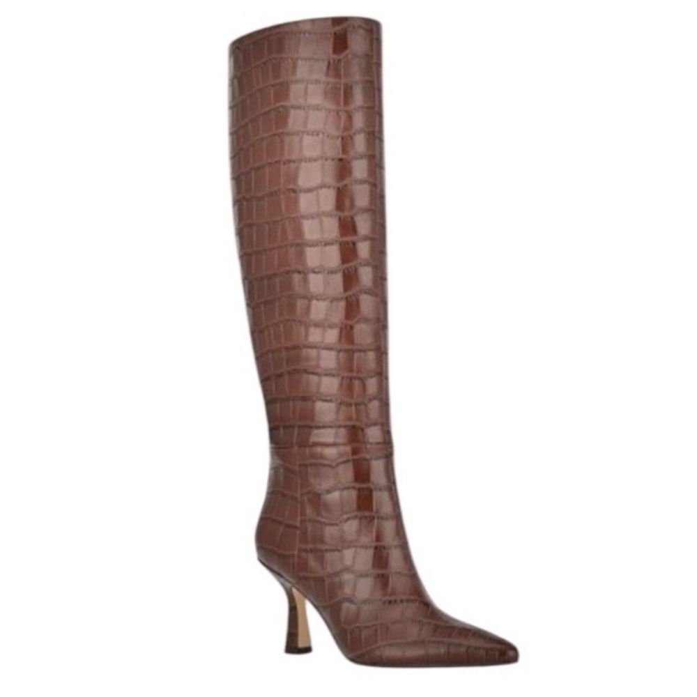 Marc Fisher Brown Croc-Embossed Knee-High Heeled Boots